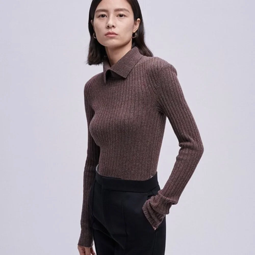 CHICJOC Retro Multi-Color Yarn Knit Sweater with Shirt Collar and Ribbed size 38